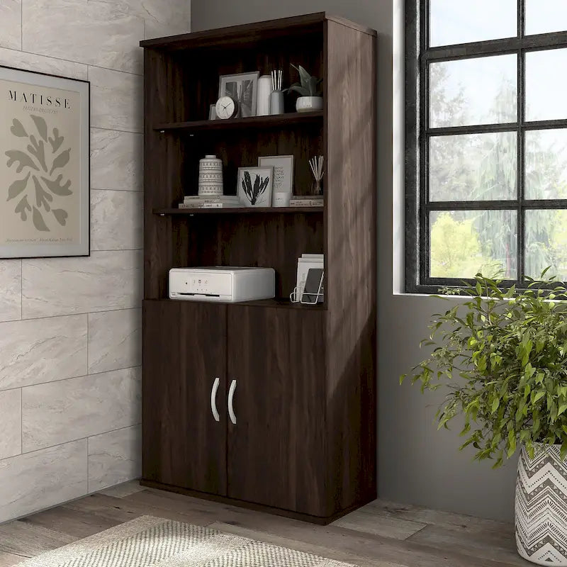 Tall 5-Shelf Bookcase with Cabinet Doors – Adjustable Shelves, Wall Anchor