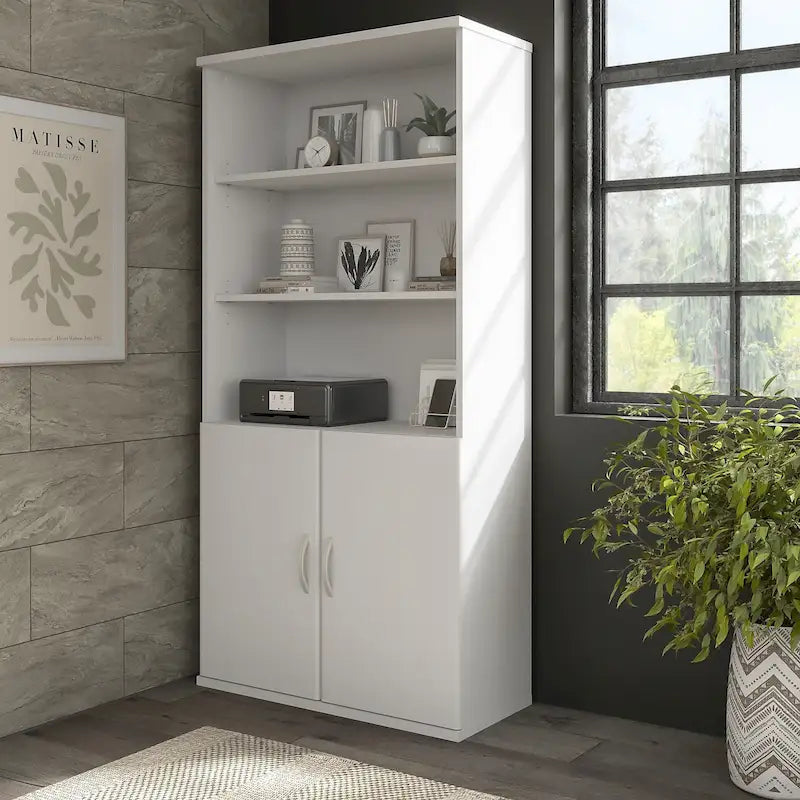 Tall 5-Shelf Bookcase with Cabinet Doors – Adjustable Shelves, Wall Anchor
