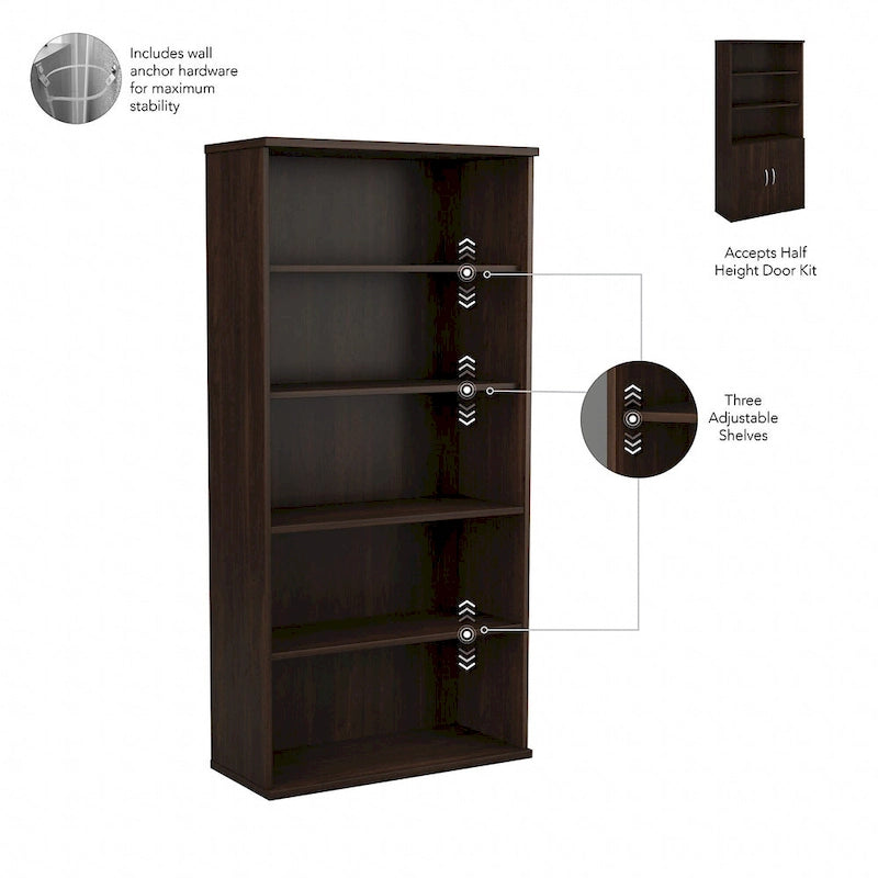Tall 5-Shelf Bookcase with Cabinet Doors – Adjustable Shelves, Wall Anchor