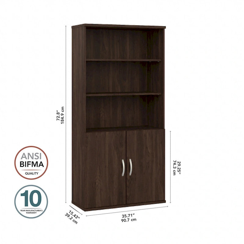 Tall 5-Shelf Bookcase with Cabinet Doors – Adjustable Shelves, Wall Anchor