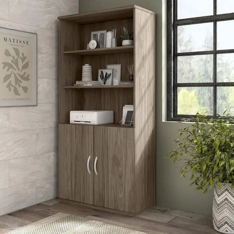Tall 5-Shelf Bookcase with Cabinet Doors – Adjustable Shelves, Wall Anchor
