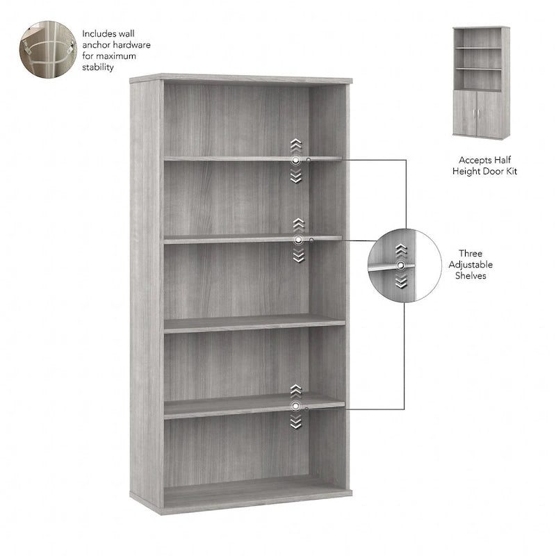 Tall 5-Shelf Bookcase with Cabinet Doors – Adjustable Shelves, Wall Anchor