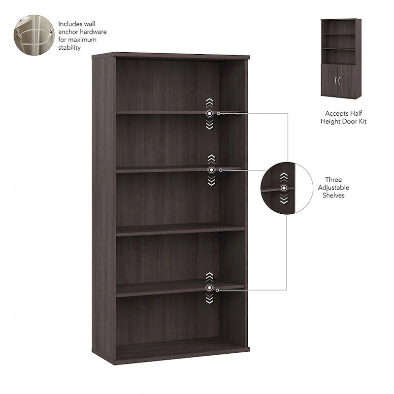 Tall 5-Shelf Bookcase with Cabinet Doors – Adjustable Shelves, Wall Anchor
