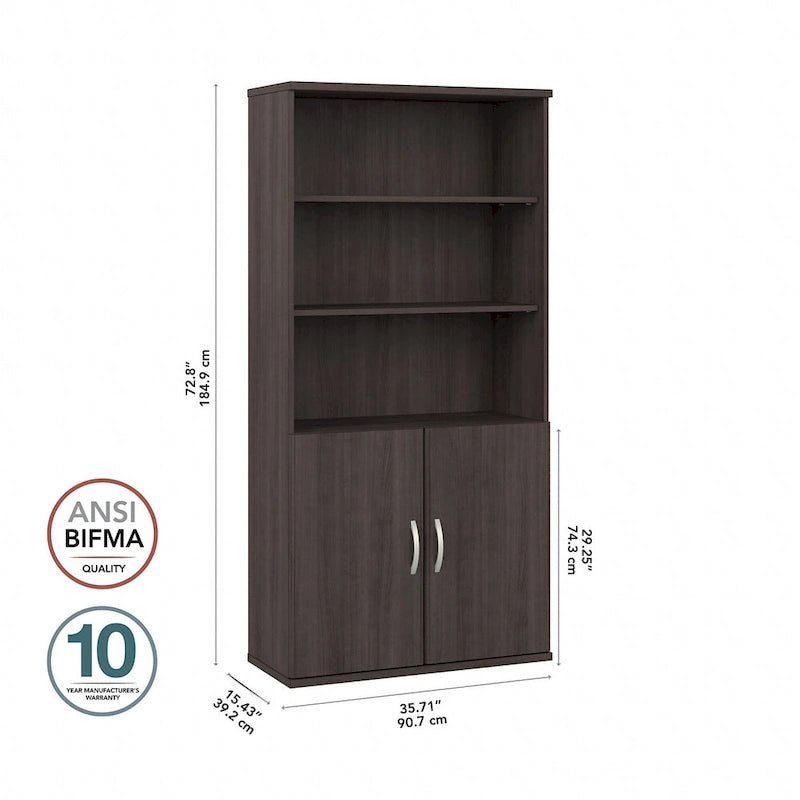 Tall 5-Shelf Bookcase with Cabinet Doors – Adjustable Shelves, Wall Anchor