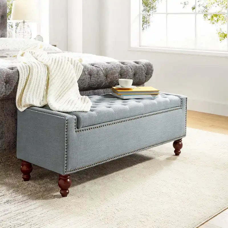 Classic Button-Tufted Flip-Top Storage Bench with Copper Nailhead Trims