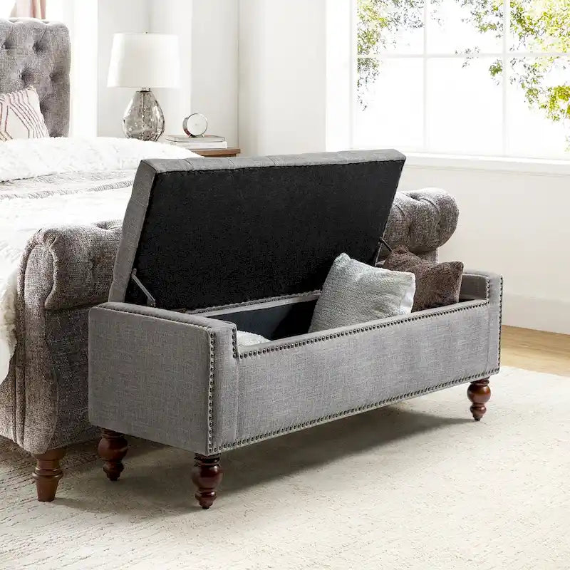 Classic Button-Tufted Flip-Top Storage Bench with Copper Nailhead Trims
