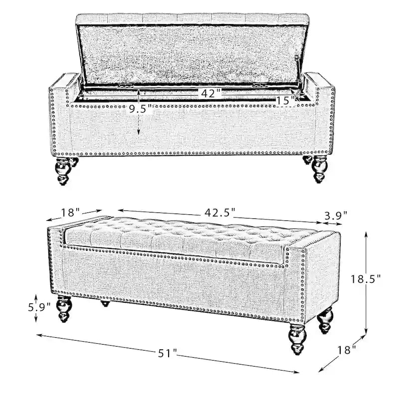 Classic Button-Tufted Flip-Top Storage Bench with Copper Nailhead Trims