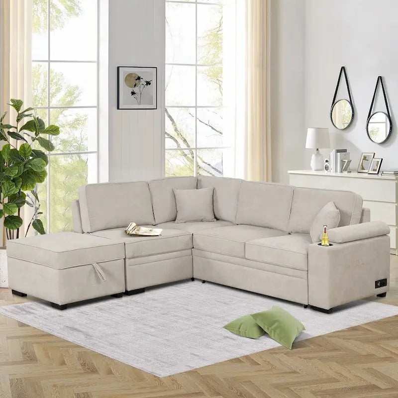 87.4 2 in 1 Pull Out Sleeper Sofa Bed L Shape Couch with Storage Ottoman