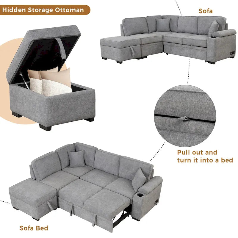 87.4 2 in 1 Pull Out Sleeper Sofa Bed L Shape Couch with Storage Ottoman