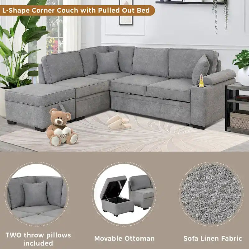 87.4 2 in 1 Pull Out Sleeper Sofa Bed L Shape Couch with Storage Ottoman