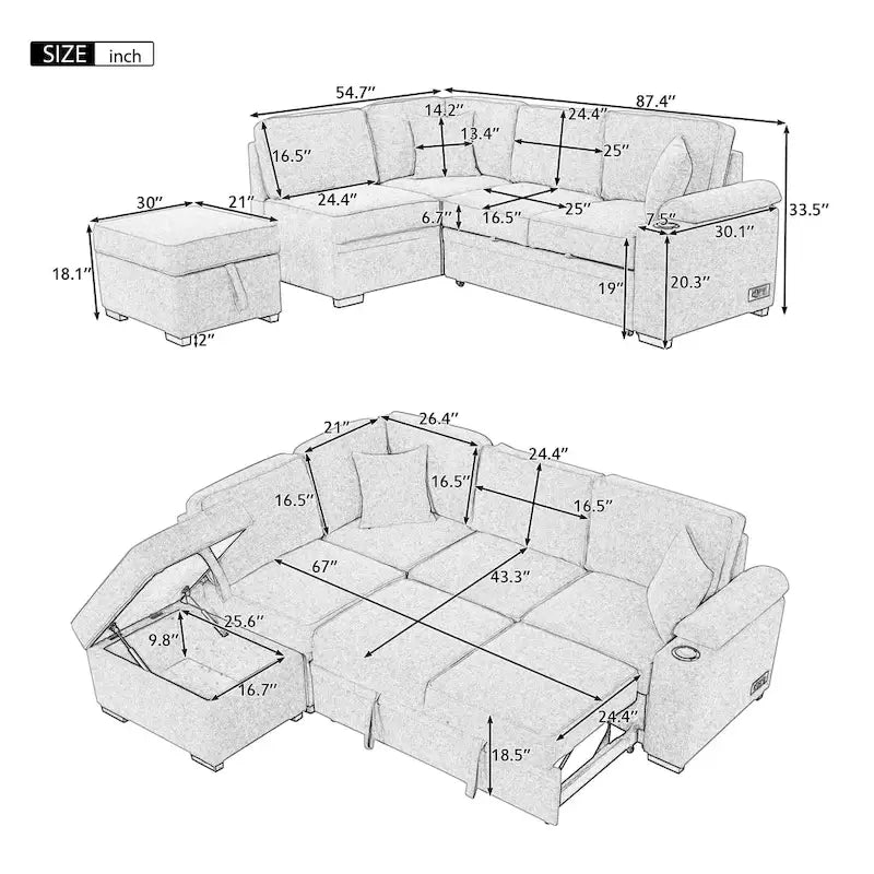 87.4 2 in 1 Pull Out Sleeper Sofa Bed L Shape Couch with Storage Ottoman