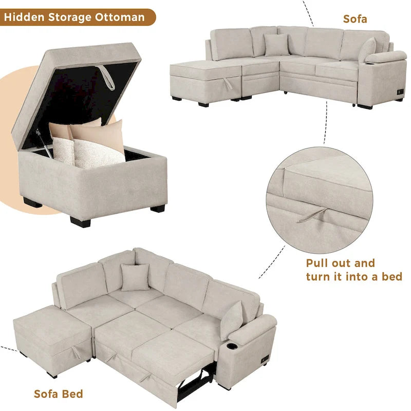 87.4 2 in 1 Pull Out Sleeper Sofa Bed L Shape Couch with Storage Ottoman