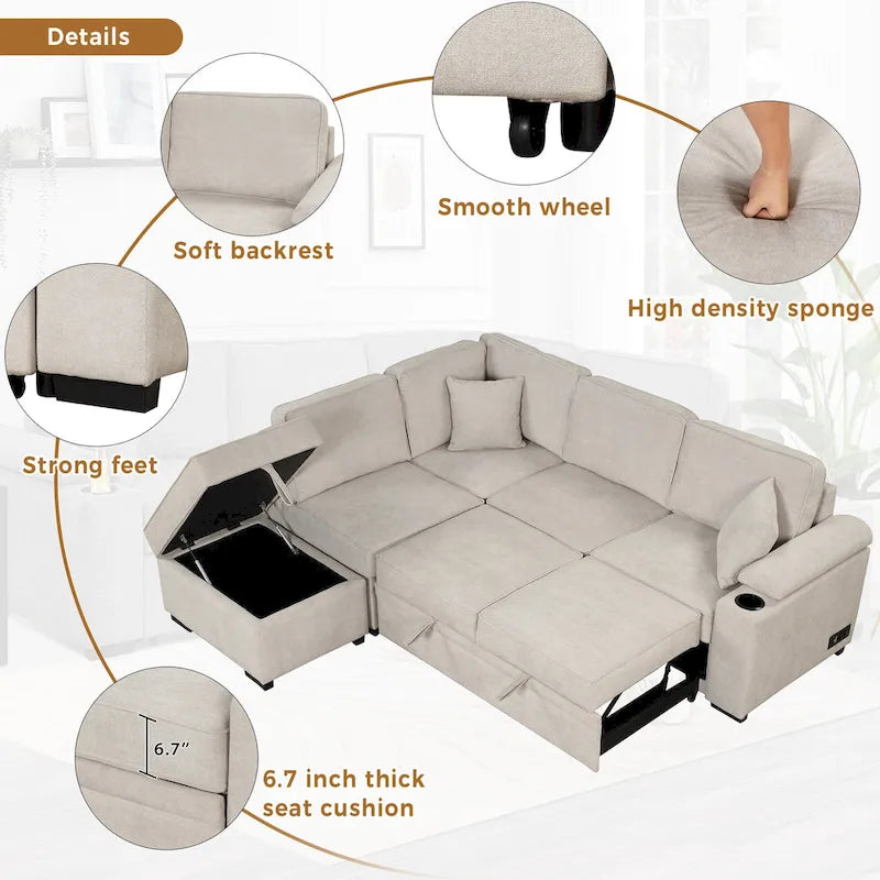 87.4 2 in 1 Pull Out Sleeper Sofa Bed L Shape Couch with Storage Ottoman