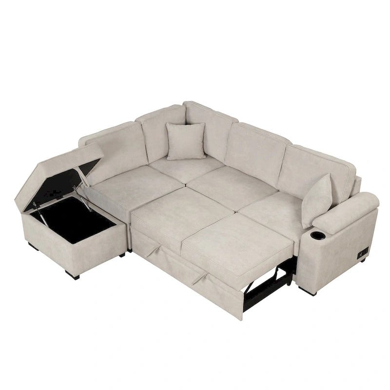 87.4 2 in 1 Pull Out Sleeper Sofa Bed L Shape Couch with Storage Ottoman