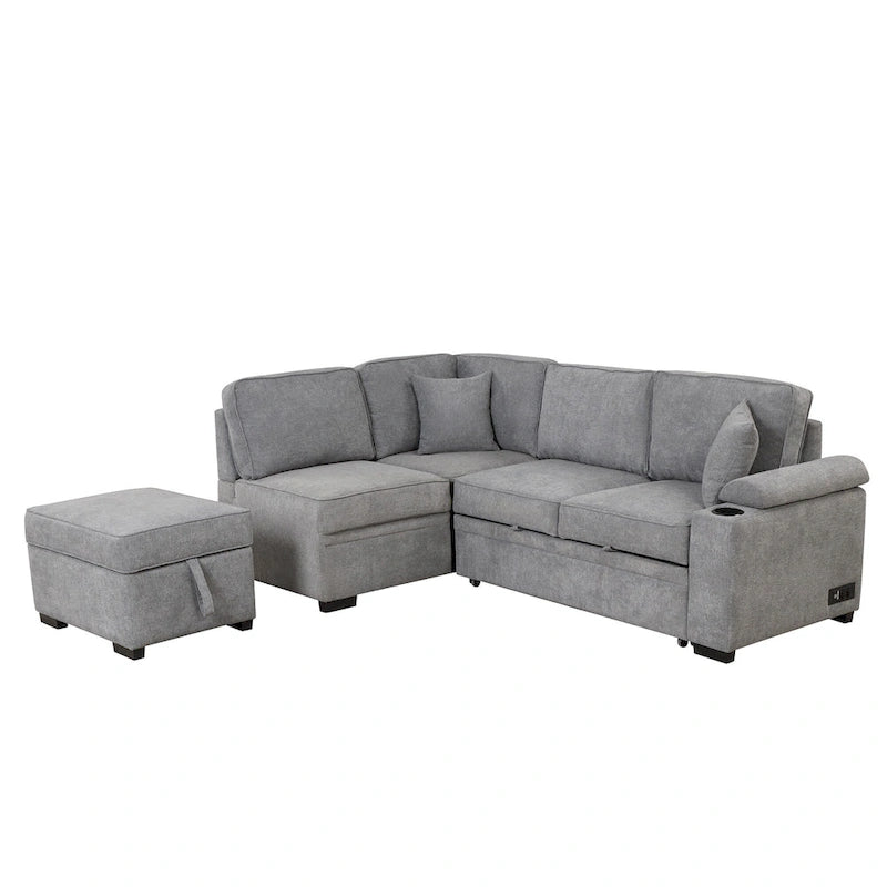 87.4 2 in 1 Pull Out Sleeper Sofa Bed L Shape Couch with Storage Ottoman