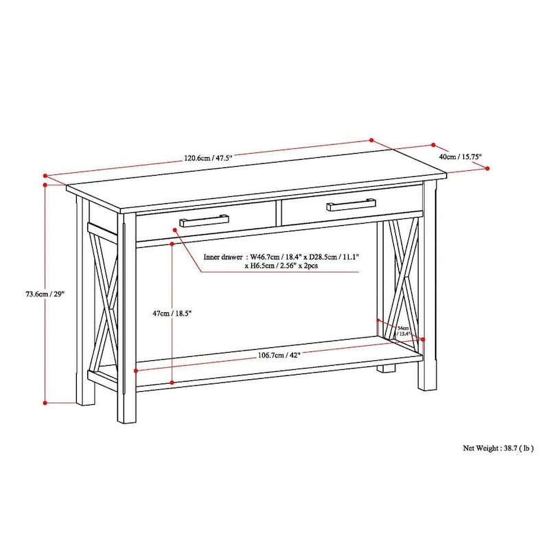Solid Wood 47" Contemporary Console Sofa Table – 2 Drawers, Bottom Shelf