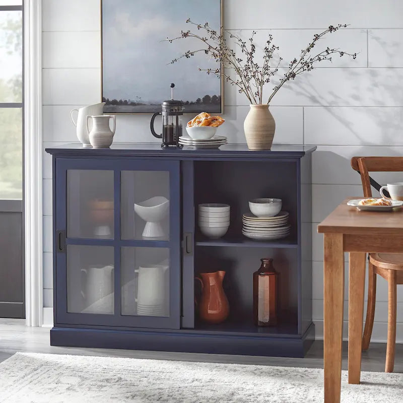 Sliding Tempered Glass Door Display Cabinet – 2 Fixed Shelves, White or Blue