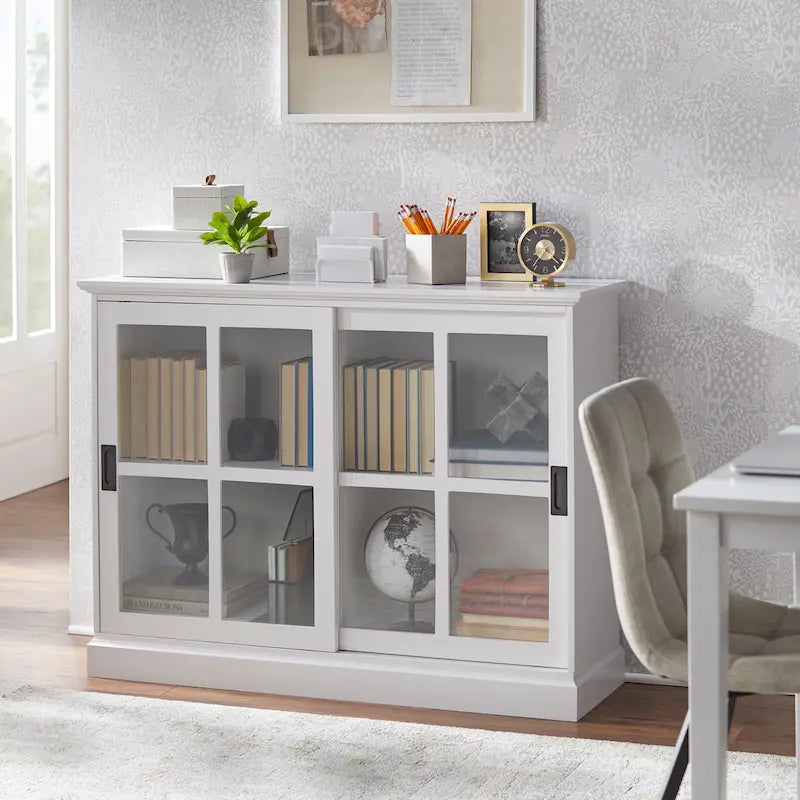 Sliding Tempered Glass Door Display Cabinet – 2 Fixed Shelves, White or Blue