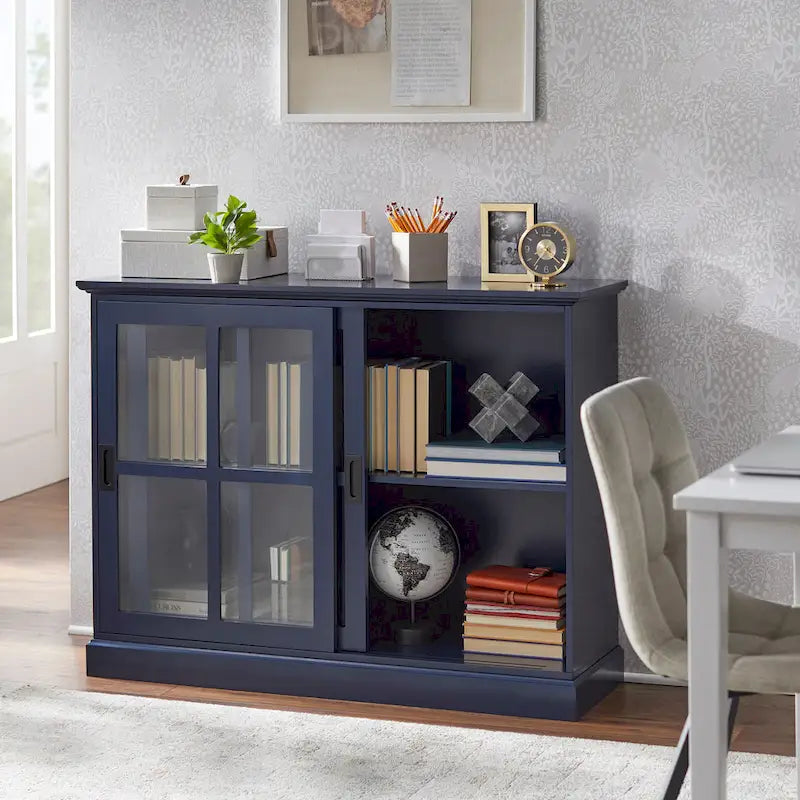 Sliding Tempered Glass Door Display Cabinet – 2 Fixed Shelves, White or Blue