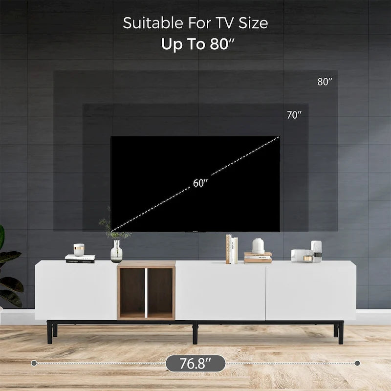 Modern TV Stand for 80 TV with 3 Doors with Large Storage Cabinet