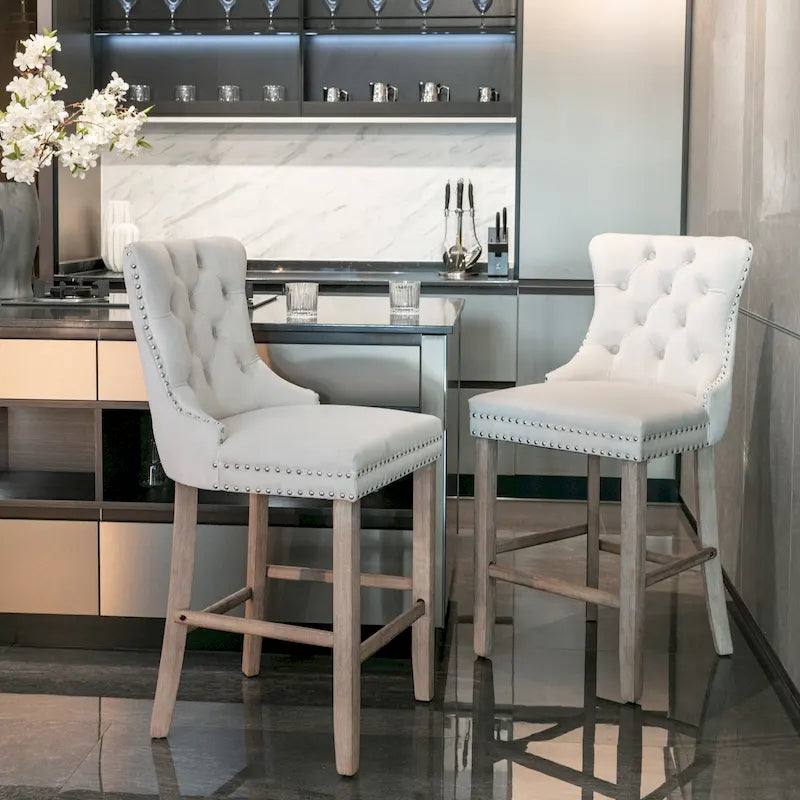 Velvet Upholstered Barstools – Set of 2, Tufted, Nailhead Trim, Solid Wood Frame