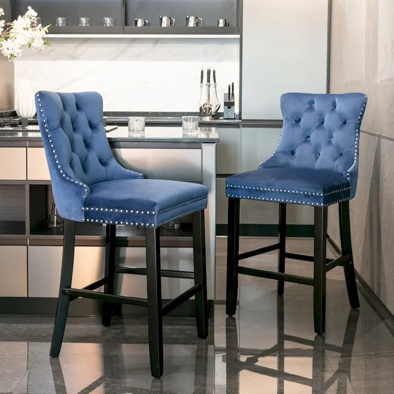 Velvet Upholstered Barstools – Set of 2, Tufted, Nailhead Trim, Solid Wood Frame