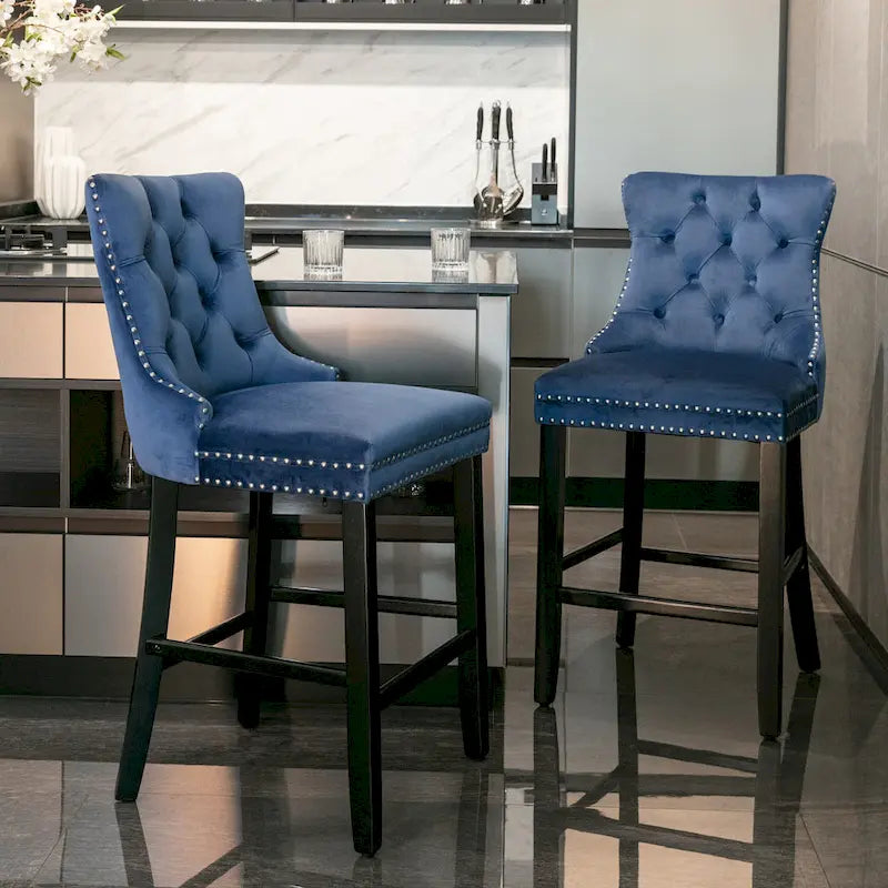Velvet Upholstered Barstools – Set of 2, Tufted, Nailhead Trim, Solid Wood Frame