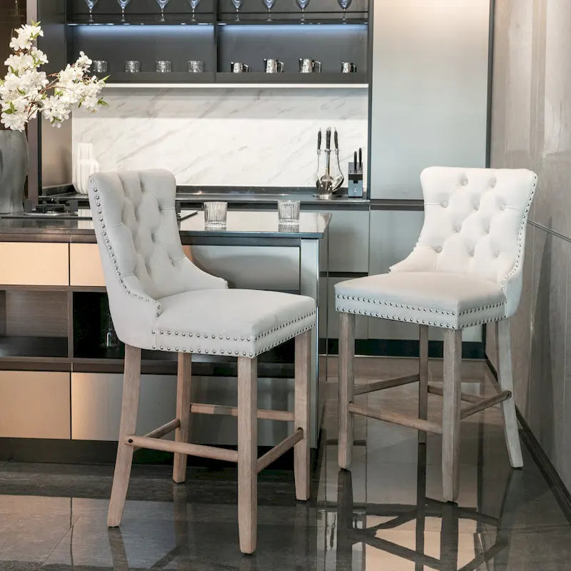 Velvet Upholstered Barstools – Set of 2, Tufted, Nailhead Trim, Solid Wood Frame