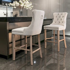 Velvet Upholstered Barstools – Set of 2, Tufted, Nailhead Trim, Solid Wood Frame