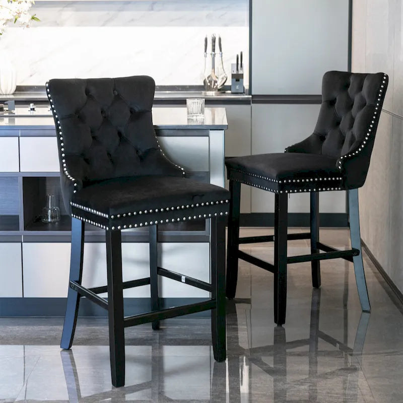 Velvet Upholstered Barstools – Set of 2, Tufted, Nailhead Trim, Solid Wood Frame