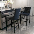 Velvet Upholstered Barstools – Set of 2, Tufted, Nailhead Trim, Solid Wood Frame