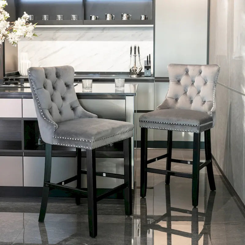 Velvet Upholstered Barstools – Set of 2, Tufted, Nailhead Trim, Solid Wood Frame