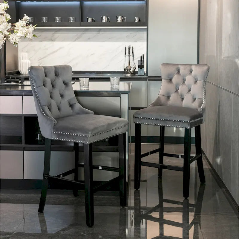 Velvet Upholstered Barstools – Set of 2, Tufted, Nailhead Trim, Solid Wood Frame
