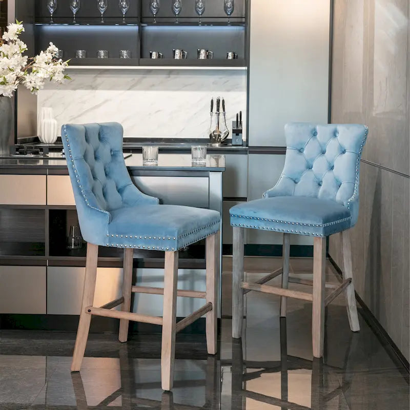 Velvet Upholstered Barstools – Set of 2, Tufted, Nailhead Trim, Solid Wood Frame