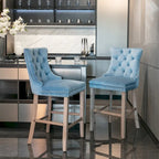 Velvet Upholstered Barstools – Set of 2, Tufted, Nailhead Trim, Solid Wood Frame