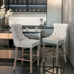 Velvet Upholstered Barstools – Set of 2, Tufted, Nailhead Trim, Solid Wood Frame