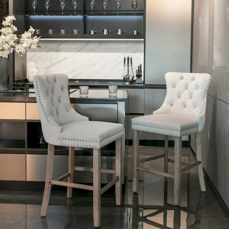 Velvet Upholstered Barstools – Set of 2, Tufted, Nailhead Trim, Solid Wood Frame