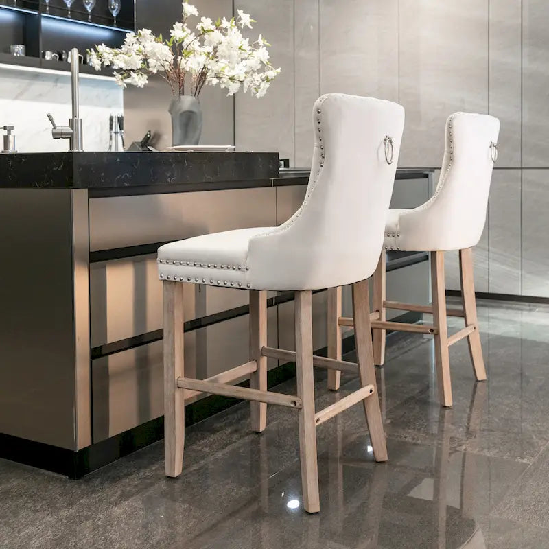 Velvet Upholstered Barstools – Set of 2, Tufted, Nailhead Trim, Solid Wood Frame