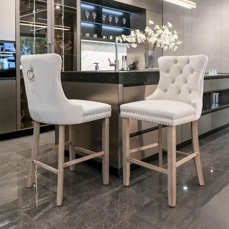 Velvet Upholstered Barstools – Set of 2, Tufted, Nailhead Trim, Solid Wood Frame
