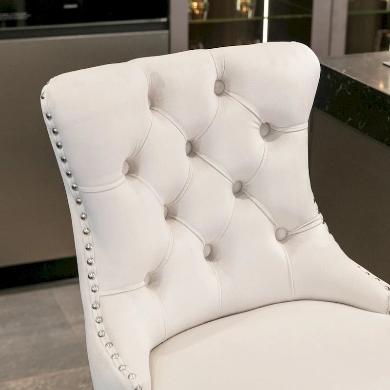 Velvet Upholstered Barstools – Set of 2, Tufted, Nailhead Trim, Solid Wood Frame
