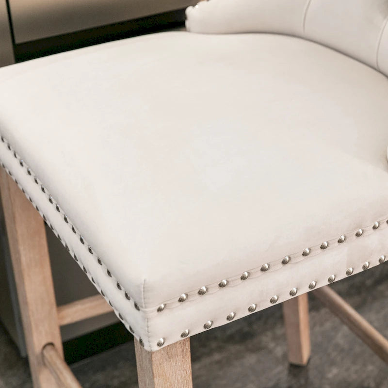 Velvet Upholstered Barstools – Set of 2, Tufted, Nailhead Trim, Solid Wood Frame