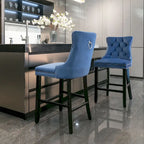 Velvet Upholstered Barstools – Set of 2, Tufted, Nailhead Trim, Solid Wood Frame