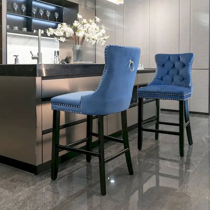 Velvet Upholstered Barstools – Set of 2, Tufted, Nailhead Trim, Solid Wood Frame