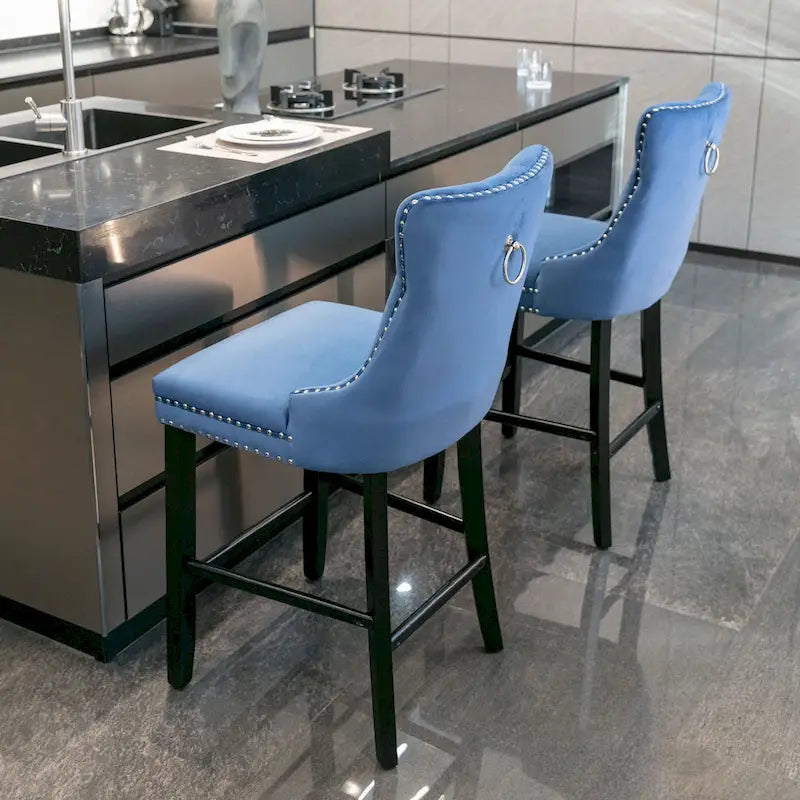 Velvet Upholstered Barstools – Set of 2, Tufted, Nailhead Trim, Solid Wood Frame