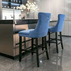 Velvet Upholstered Barstools – Set of 2, Tufted, Nailhead Trim, Solid Wood Frame