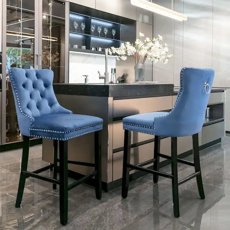 Velvet Upholstered Barstools – Set of 2, Tufted, Nailhead Trim, Solid Wood Frame