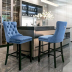 Velvet Upholstered Barstools – Set of 2, Tufted, Nailhead Trim, Solid Wood Frame