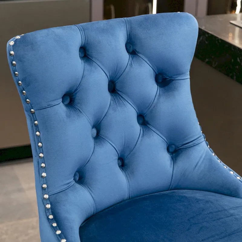 Velvet Upholstered Barstools – Set of 2, Tufted, Nailhead Trim, Solid Wood Frame