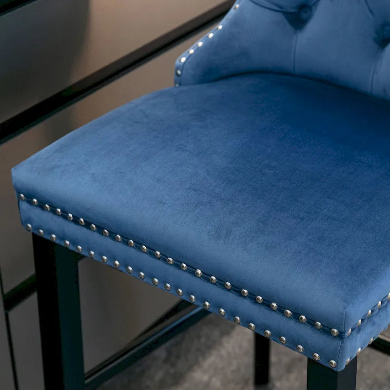 Velvet Upholstered Barstools – Set of 2, Tufted, Nailhead Trim, Solid Wood Frame