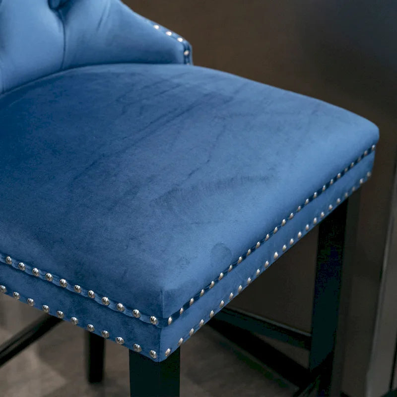 Velvet Upholstered Barstools – Set of 2, Tufted, Nailhead Trim, Solid Wood Frame